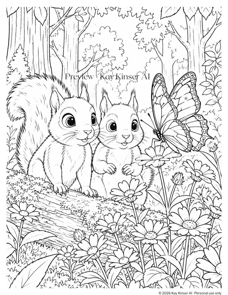 Preview of the free woodland squirrels coloring page