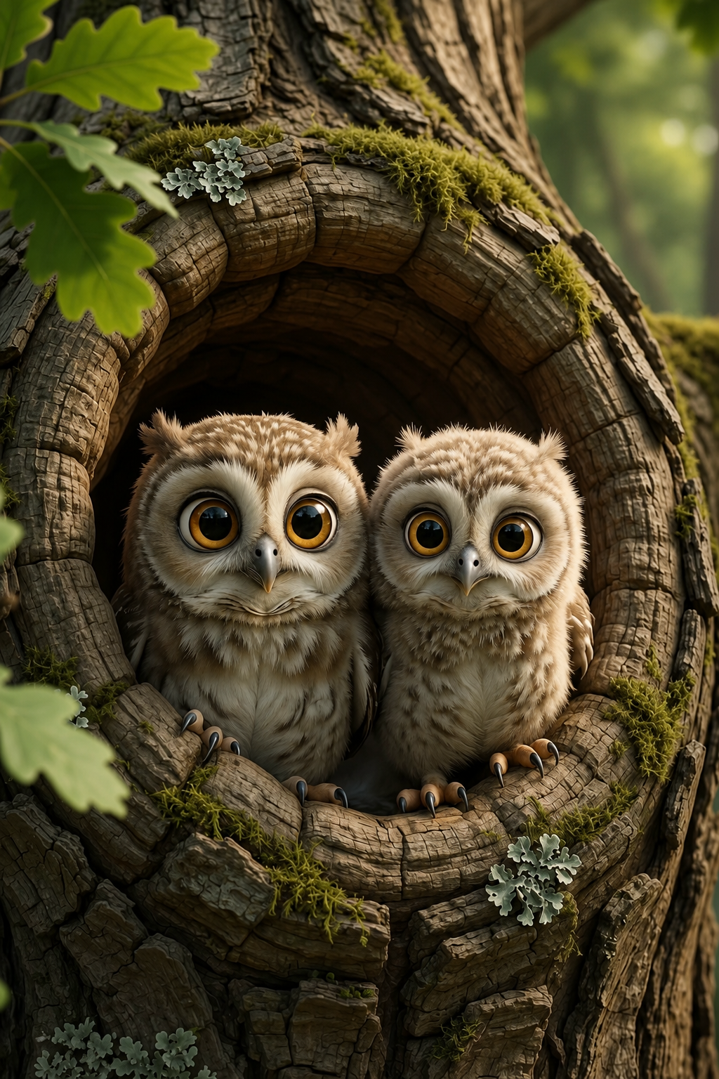 Two baby owls peeking from a mossy tree hollow