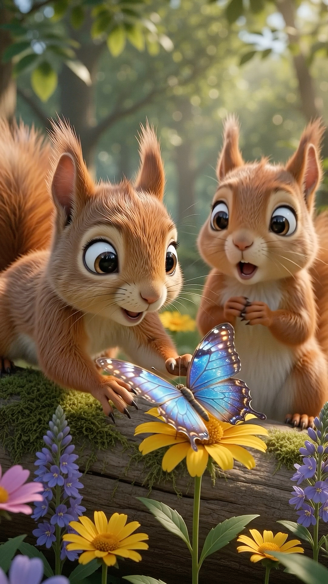 Two squirrels discovering a glowing blue butterfly in a sunlit woodland