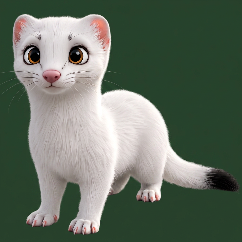 Ingrid, a bright-eyed white ermine character with a pink nose and black-tipped tail
